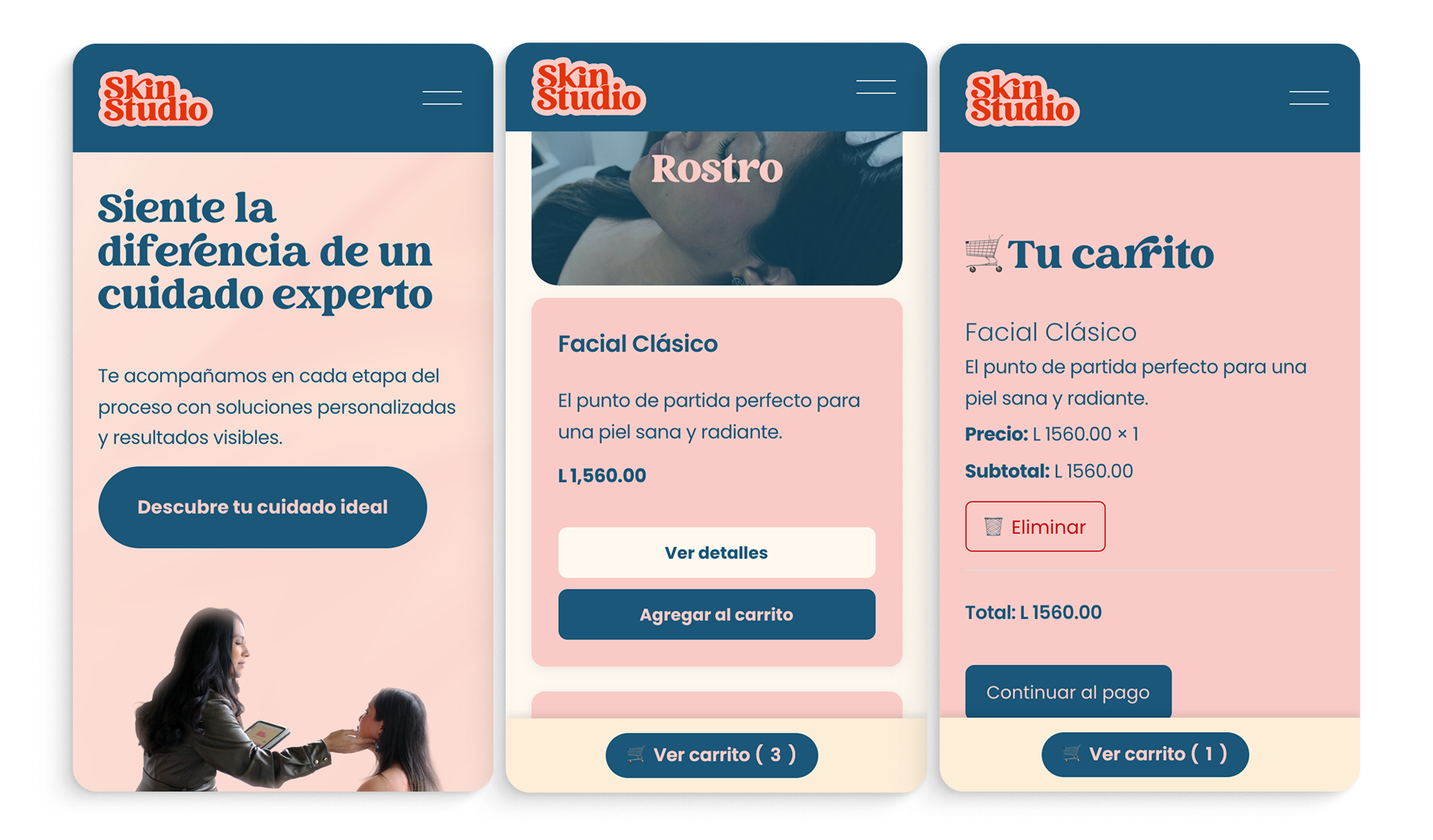 Skin Studio mobile screens: homepage, treatment detail, and cart